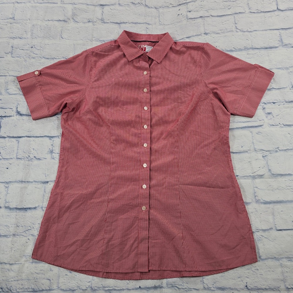 Chick-fil-A Oobe Shirt WOMEN L Red Micro-Check Short Sleeve Button Down Uniform